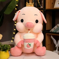 nice soft stuffed pink piggy animal doll pillow lovely crown pig with fruit bubble tea plush toy kawaii gift for girls