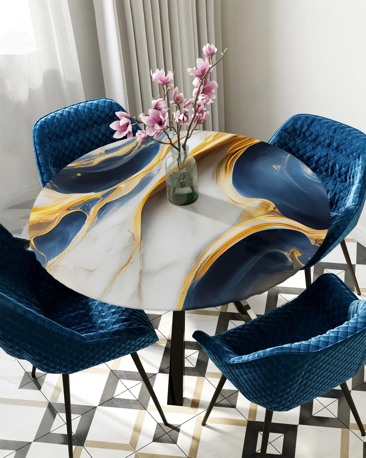 

Синяя круглая эластичная накидка на стол с мраморной текстурой, Защитная ткань, водонепроницаемая скатерть из полиэстера, прямоугольная накидка на стол