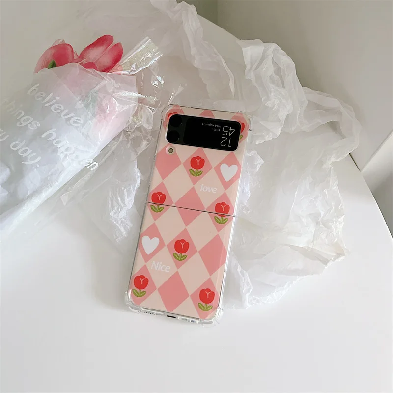 Fresh Simple Lattice Love Flowers Phone Case for Samsung Galaxy Z Flip 3 5G Hard PC Back Cover for ZFlip3 Case Protective Shell  - buy with discount
