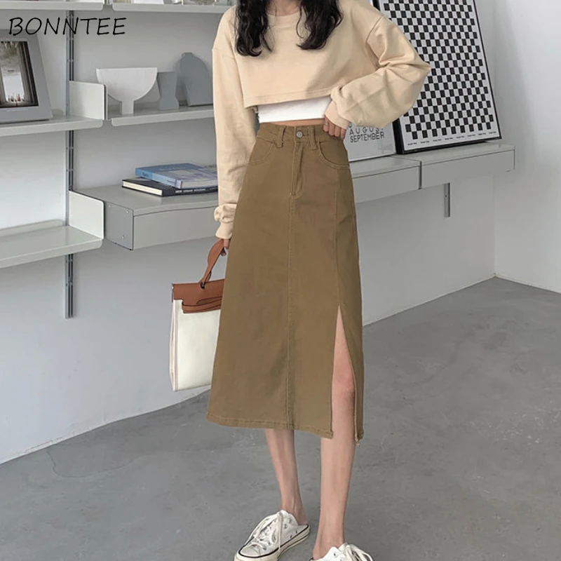 

Denim Skirts Women Side-slit High Waist BF College Khaki Faldas A-LINE Elegant Summer Leisure Streetwear Chic Mid-Calf All-match