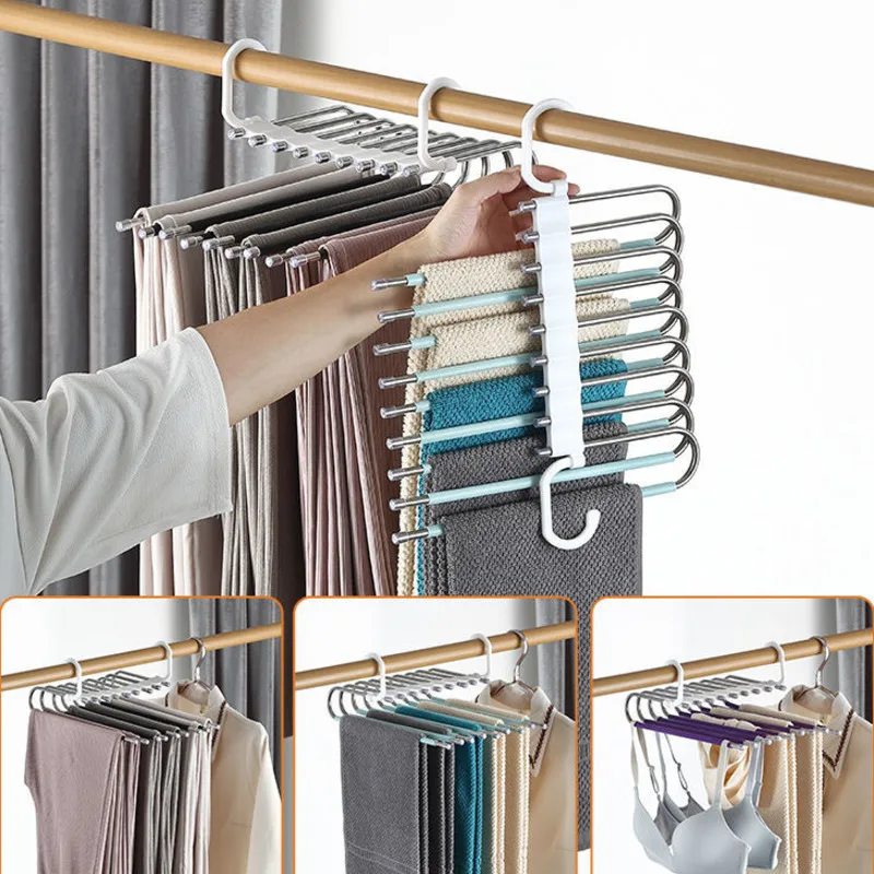 

Stainless Steel Pants Hangers Racks Closet Organizer 5/6/9 Layers Trouser Clothing Racks Foldable Multifunction Towel Shelves