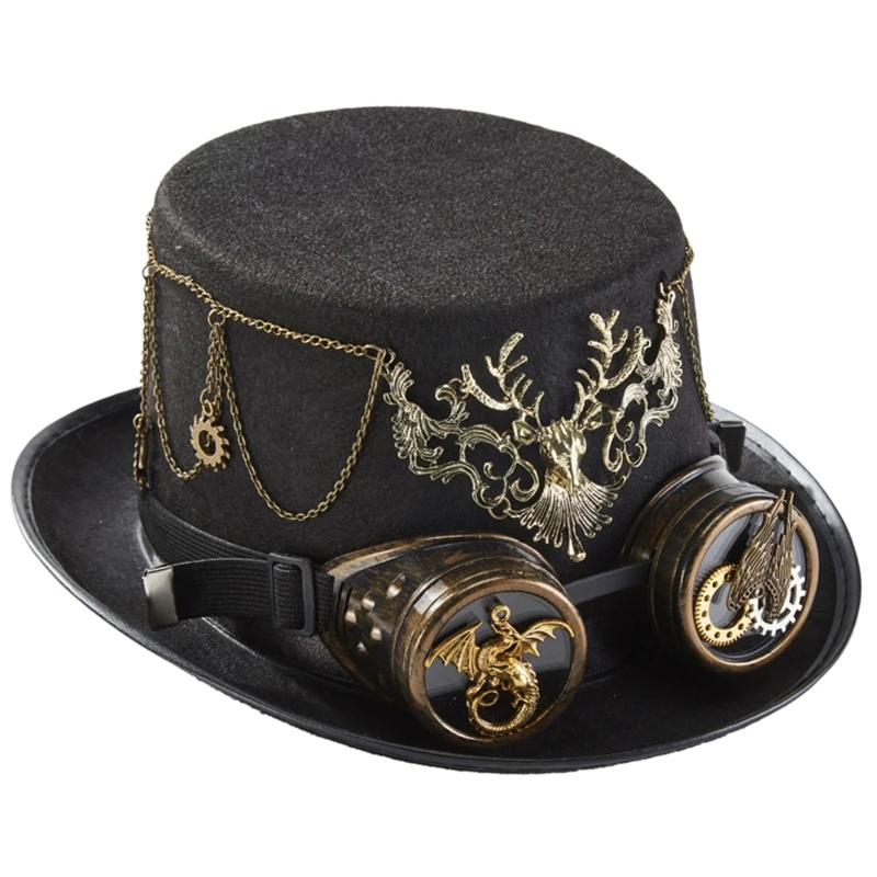 

Retro Top Hat Steampunk Hat Magic Hat Halloween Hat Gear Chain Deer Head Goggles Performance Hat for Halloween Party