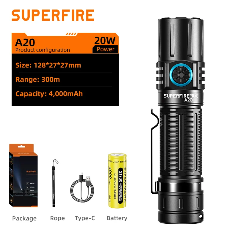 Фонарик SUPERFIRE A20, водонепроницаемый, 5 режимов