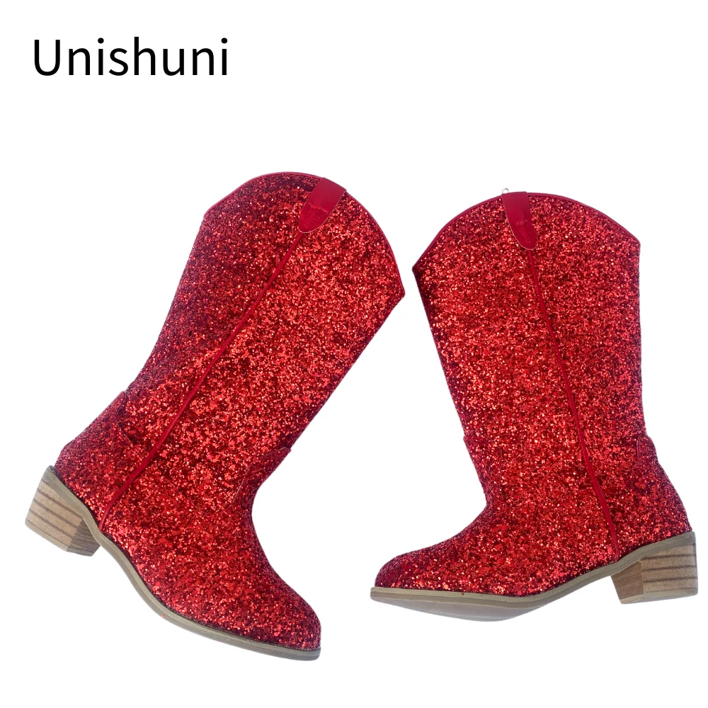 

Unishuni Cowboy Boots for Kids Girls Fashion Heeled Shoes for Children Glitter Western Boots with Zip Spring Autumn Knee Boot