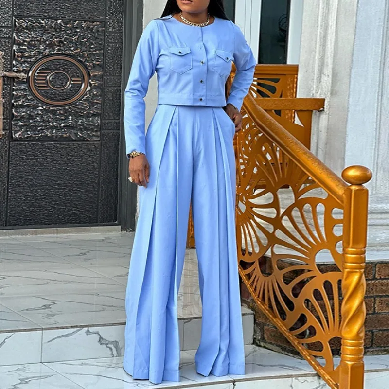 

Women's Autumn Casual Long Sleeve Patch Pocket Shirt & High Waist Wide Leg Pants Set Fashion Two Piece Suit Outfits for Women