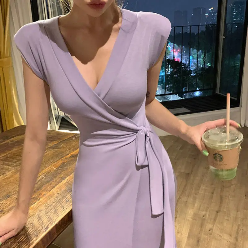 

Purple Elegant Dresses For Women Korean Fashion Sleeveless Deep V-Neck Robe Sexy Femme Bandage Chic Evening Dress Vestido Longo