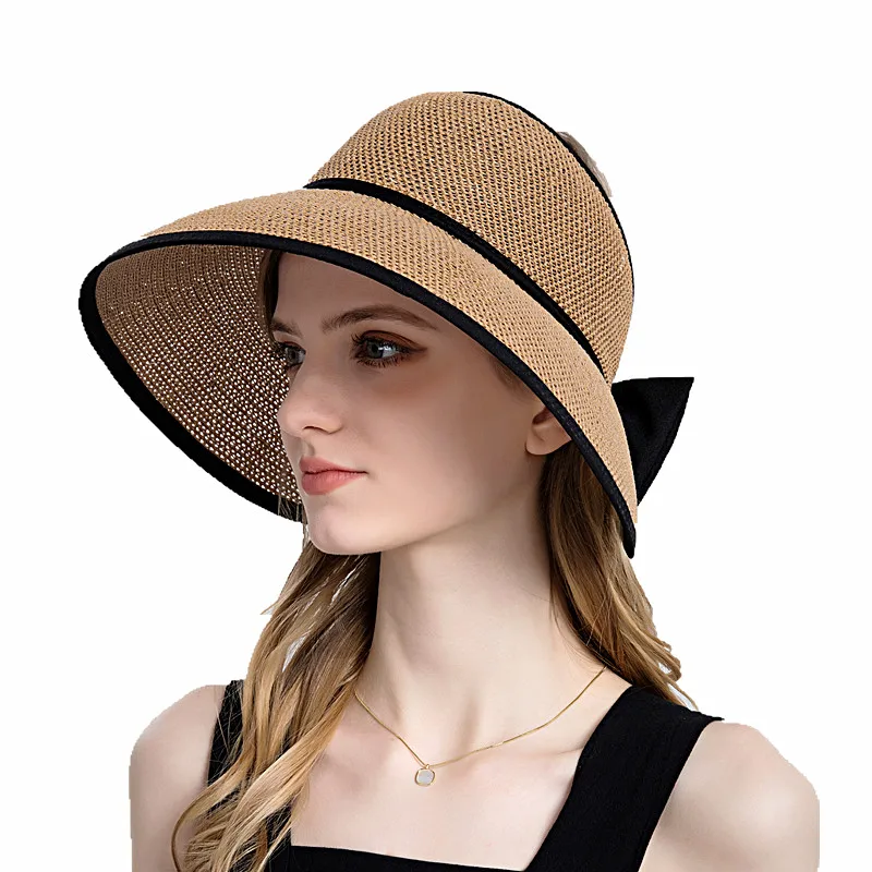 

New Women Large Brim Straw Hat With Bow Fashion Empty Top Floppy Visor Sun Hats Summer Foldable Hat Beach UPF UV Cap Hat Female