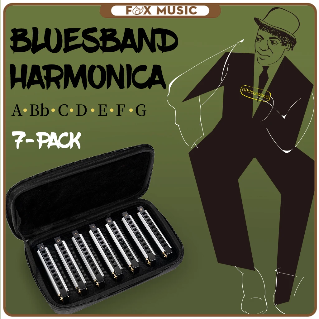 SET 7PCS Harmonica 10 Holes Key Of C Blues Band Harmonica Set Musical Instrument Educational Toy W/ Case C,D,E,F,G,A,Bb Tone