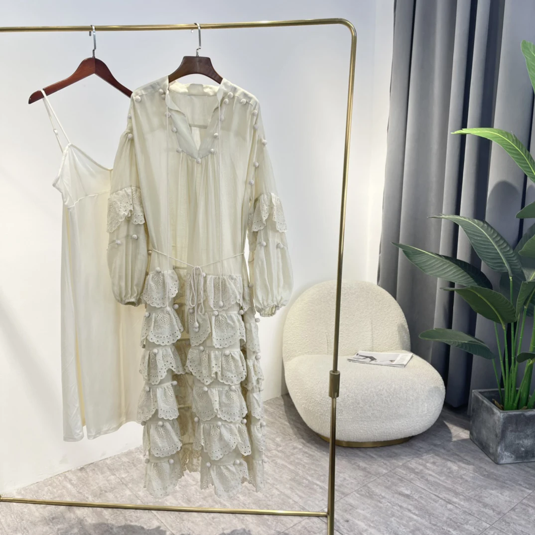 

Женское летнее платье миди с каскадными оборками, ажурное платье из рами и бежевой текстуры с цветочным узором в виде шариков и крючков, 2022