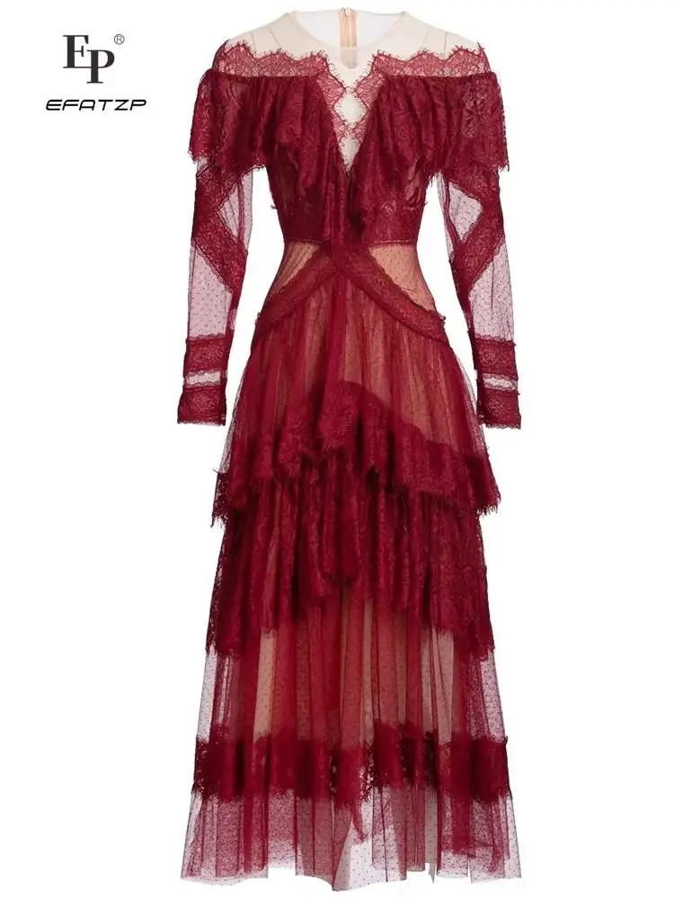 

EFATZP Designer Runway Autumn Red Dress Women's Lace Ruffles Long sleeve Polka dot Mesh Sexy Dresses