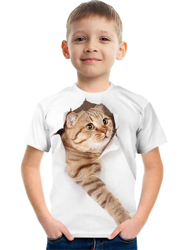 

2023 Children's Summer Fashion Short Sleeve T-shirt 3D Animal Cute Cat Print T-shirt Cool Summer Cool Casual Top Children's Wear