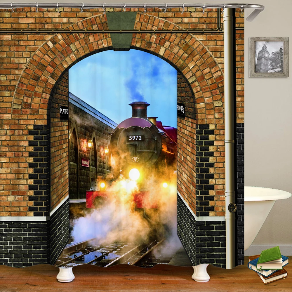 

Home Decoration Curtain Waterproof Shower Curtain 3D European Retro Brick Wall Printed Bathroom Curtain with Hook 240x180cm