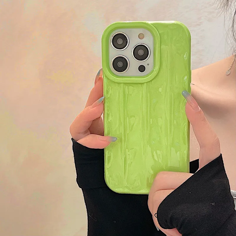 

3D Striped Pleated Green Case For iPhone 13 12 11 14 Pro Max XS XR X 14 Plus Shockproof Wave Frame Bumper Phone Cover