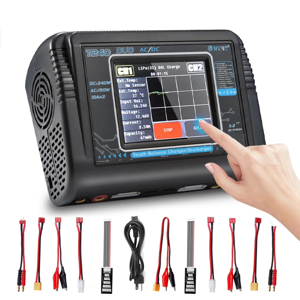 Балансирующее зарядное устройство HTRC T240/C240 150 Вт/240 Вт, для батарей LiPo, AC, DC, 10 А, с сенсорным дисплеем, два канала, с функцией заряда/разряда, для радиоуправляемых моделей Балансирующее зарядное устройство HTRC T240/C240 150 Вт/240 Вт, для батарей LiPo, AC, DC, 10 А, с сенсорным дисплеем, два канала, с функцией заряда/разряда, для радиоуправляемых моделей