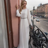 ivory long sleeve chiffon wedding dresses for women boat neck draped floor length a line bridal gowns 2022 vestido de novia