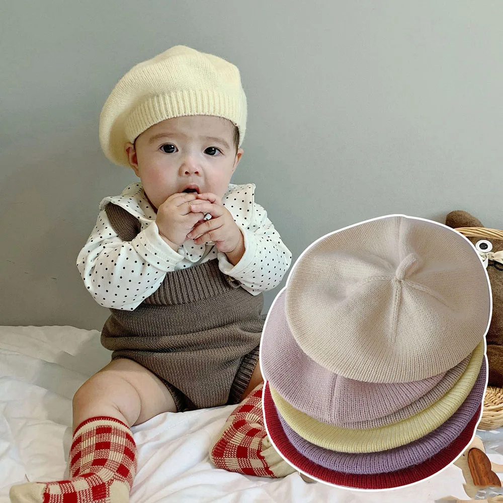

Fashion Bonnet Artist Painter Cap Girls Beret Knitted Autumn Winter Vintage Soft Solid Color Children Fashion Warm Baby Hat