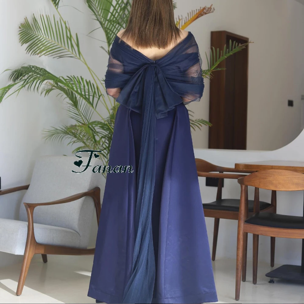 Фото Customized Blue A-line Off the Shoulder Evening Dress Tulle ILLISION Sleeves Draped Party Prom Gown Ankle Length Backless Gown №2
