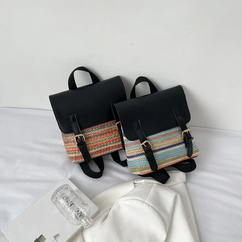 

Female Backpack Fashion Pack Womens Daypack Student School Bag Straw PU Leather Vintage Female Shoulder Bags