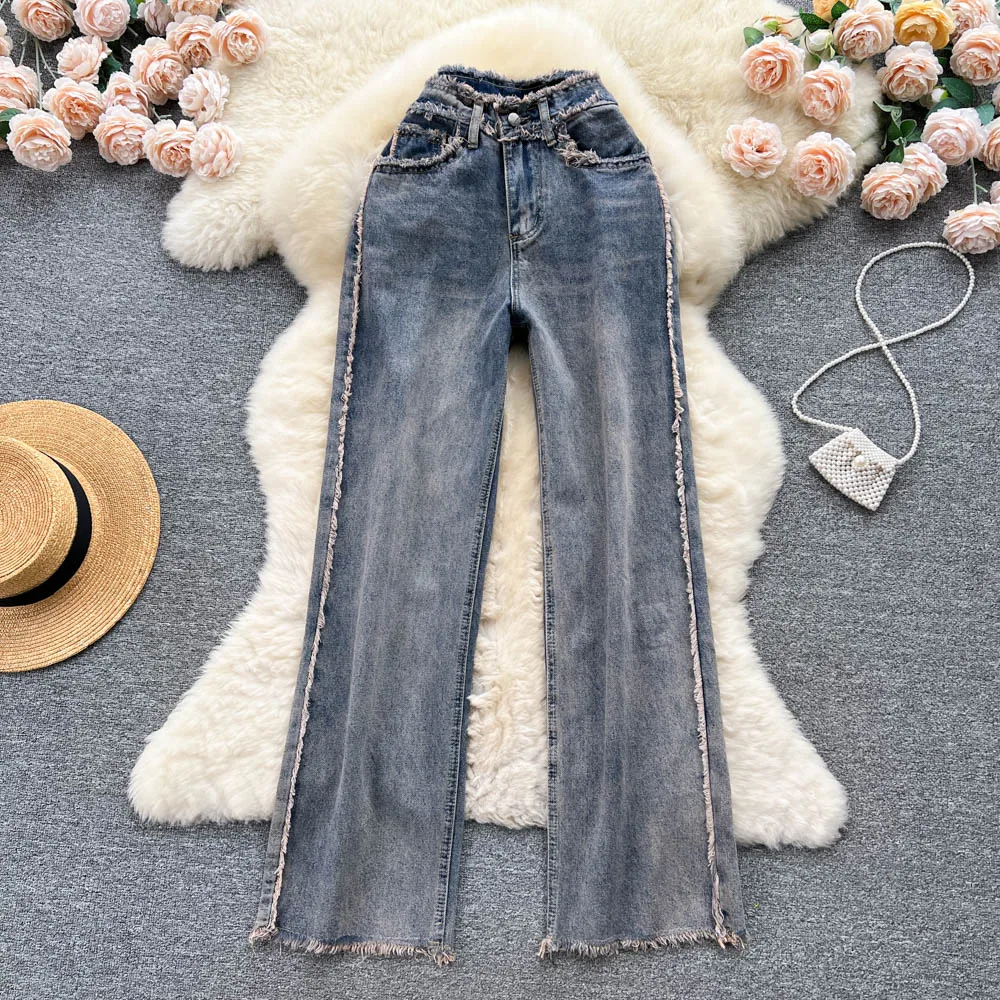 

Винтажные джинсы на весну/лето, прямые, свободные, с оборками на подоле, с высокой талией, в пол, с блестящим тросиком