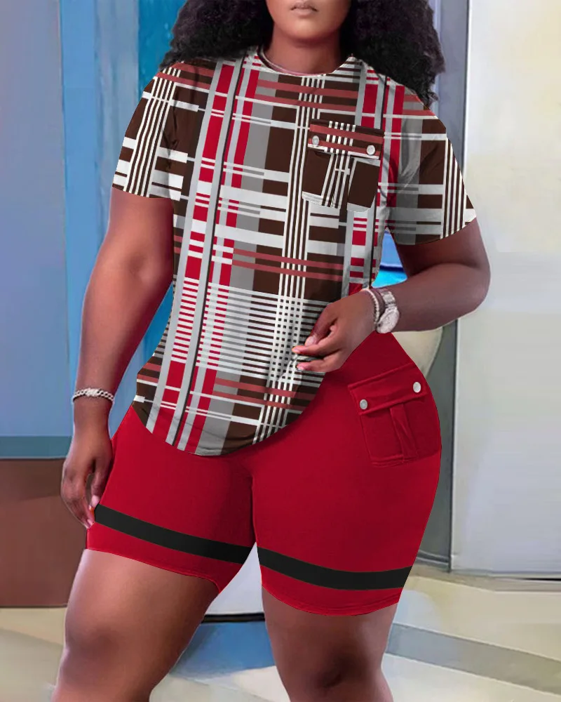 Casual Women's Tees+Shorts 2 Piece Sets 2023 Summer Fashion Solid Short Sleeve Home Patch Bag Tops Pants Suit S-XXXL