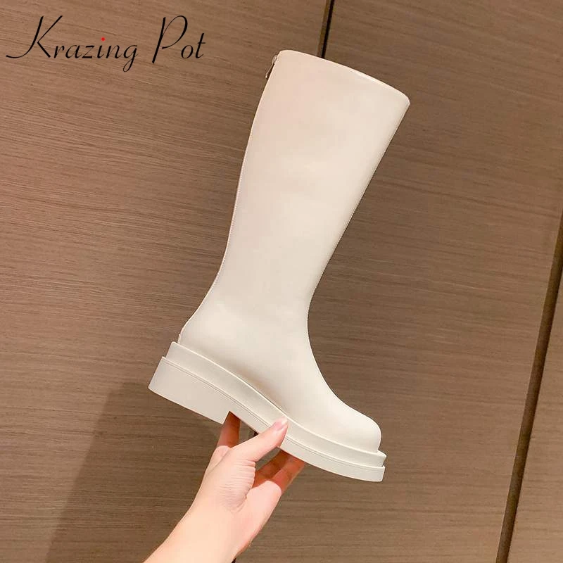 

Krazing Pot New Full Grain Leather Round Toe Thick High Heels Riding Boots Platform Joker Simple Style Zipper Thigh High Boots