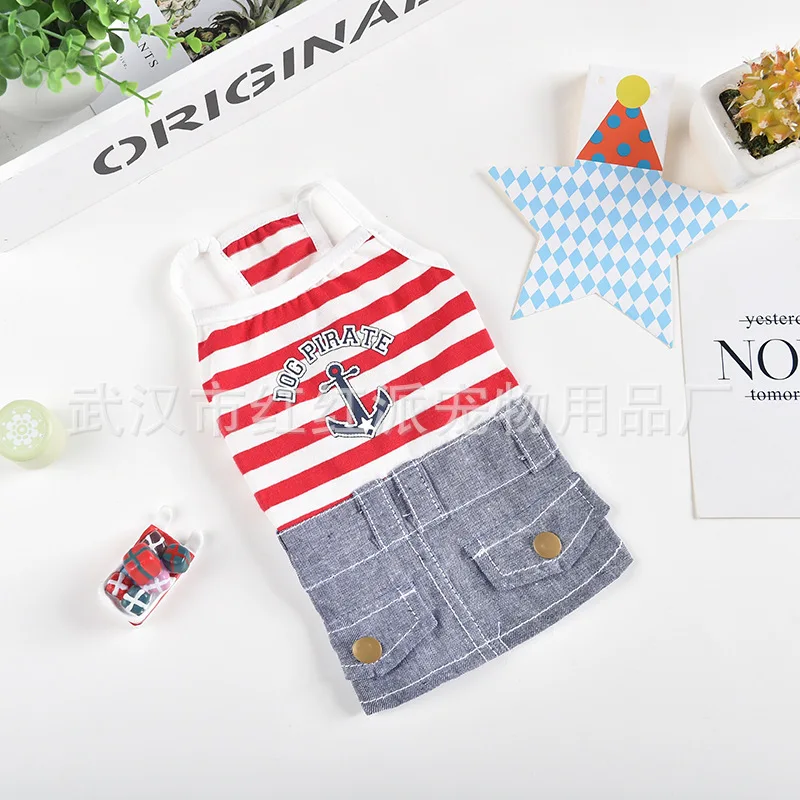 Платье-сарафан Navy Jean для собак Одежда для собаки Кошки Маленький полосатый принт якорей Весна Летняя мода Мальчик Йоркшир.