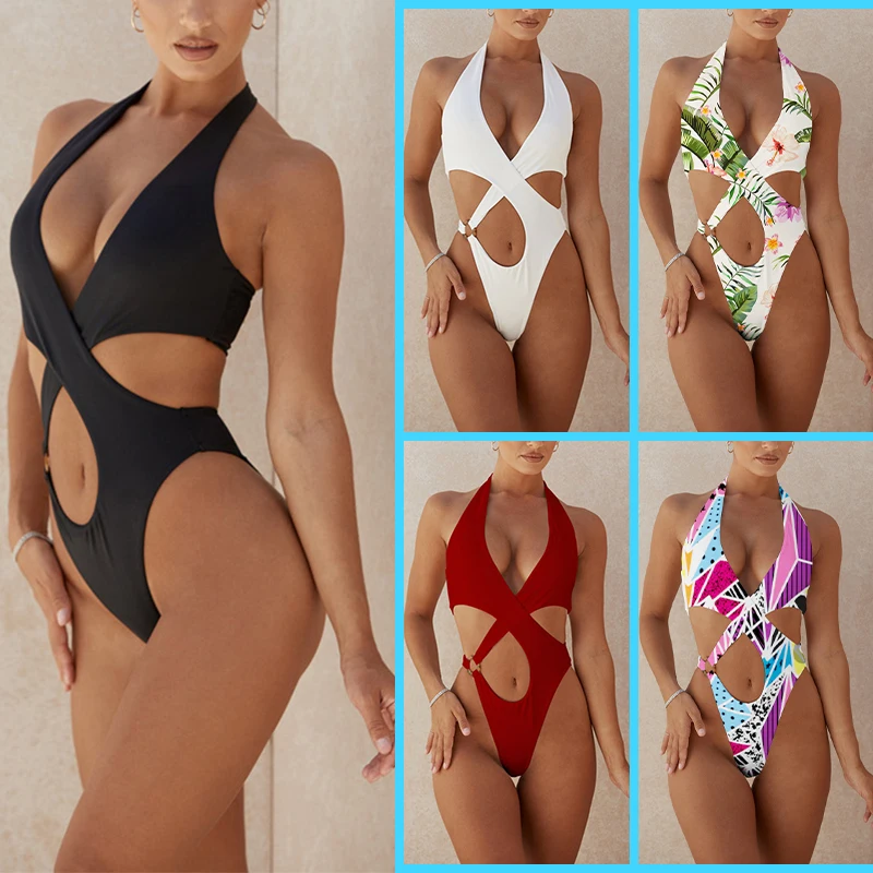 

Sexy Bikini Solid Plant Flower Hollow Out One-piece Swimsuit Women's Swimsuit Summer Beach Hang Neck Strapless Swimsuit