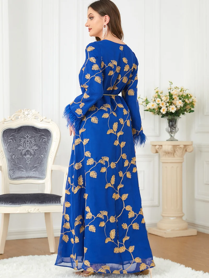 Moroccan Embroidered Kaftan Gulf Jalabiya for Women Feather Blue Evening Dresses Arabic Formal Gowns Muslim Ramadan Eid Abaya