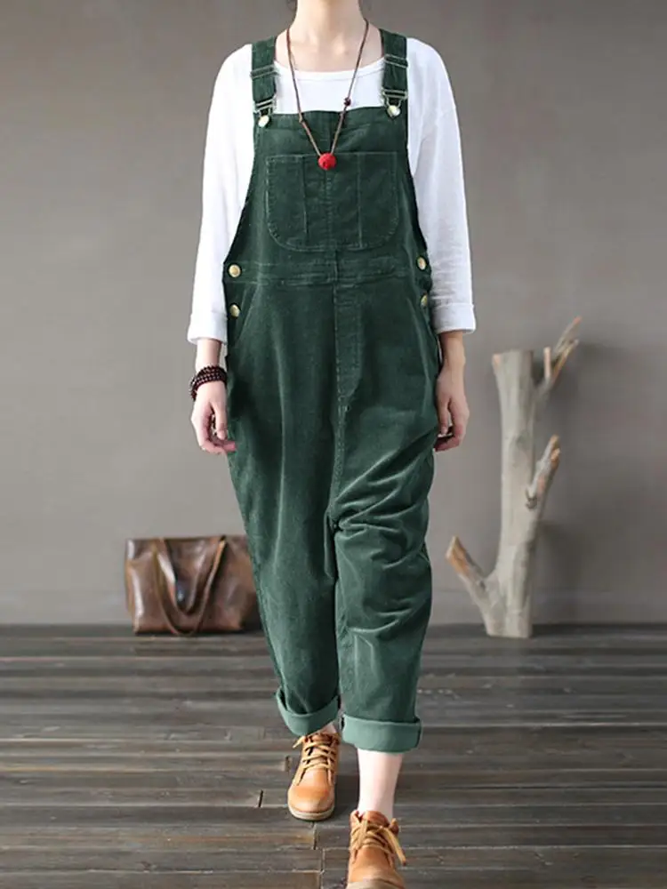 

ZANZEA Spring Women Vintage Straps Solid Long Rompers Oversize Corduroy Jumpsuits Retro Pockets Overalls Casual Loose Suspenders