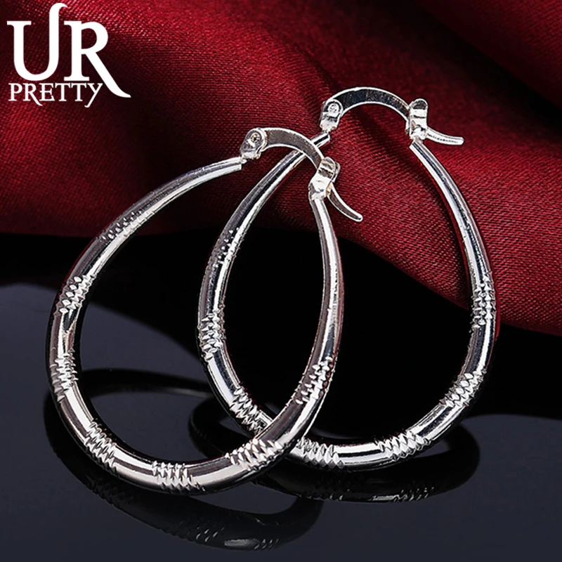 

UPRETTY New 925 Sterling Silver 32mm Drop-Shaped Thread Hoop Earring For Women Lady Party Wedding Engagement Charm Jewelry Gift