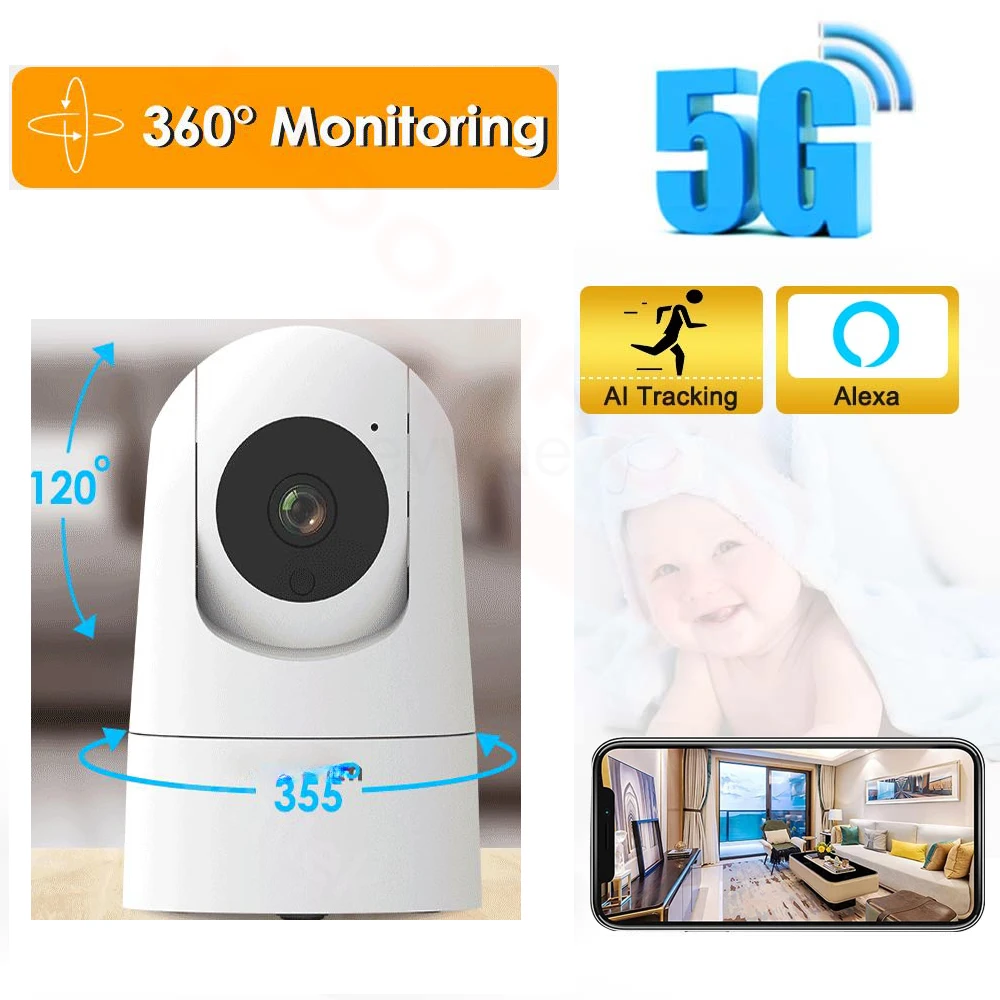 

Mini 5G1080P IP Camera WiFi Baby Monitor Safe Night Vision Indoor CCTV 4MP AI Tracking Audio Video Monitoring Alexa Camera