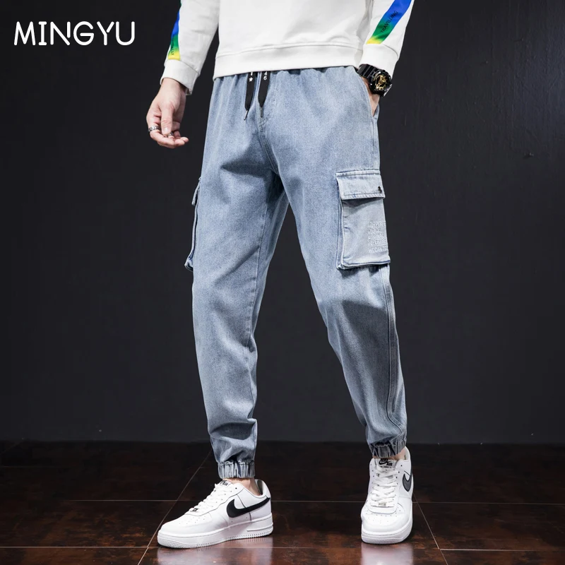 

2023 Brand Spring Autumn New Solid Color Pocket Men's Trendy Brand Loose Nine-Point Tooling Harlan Casual Tie-Feet Jeans Male