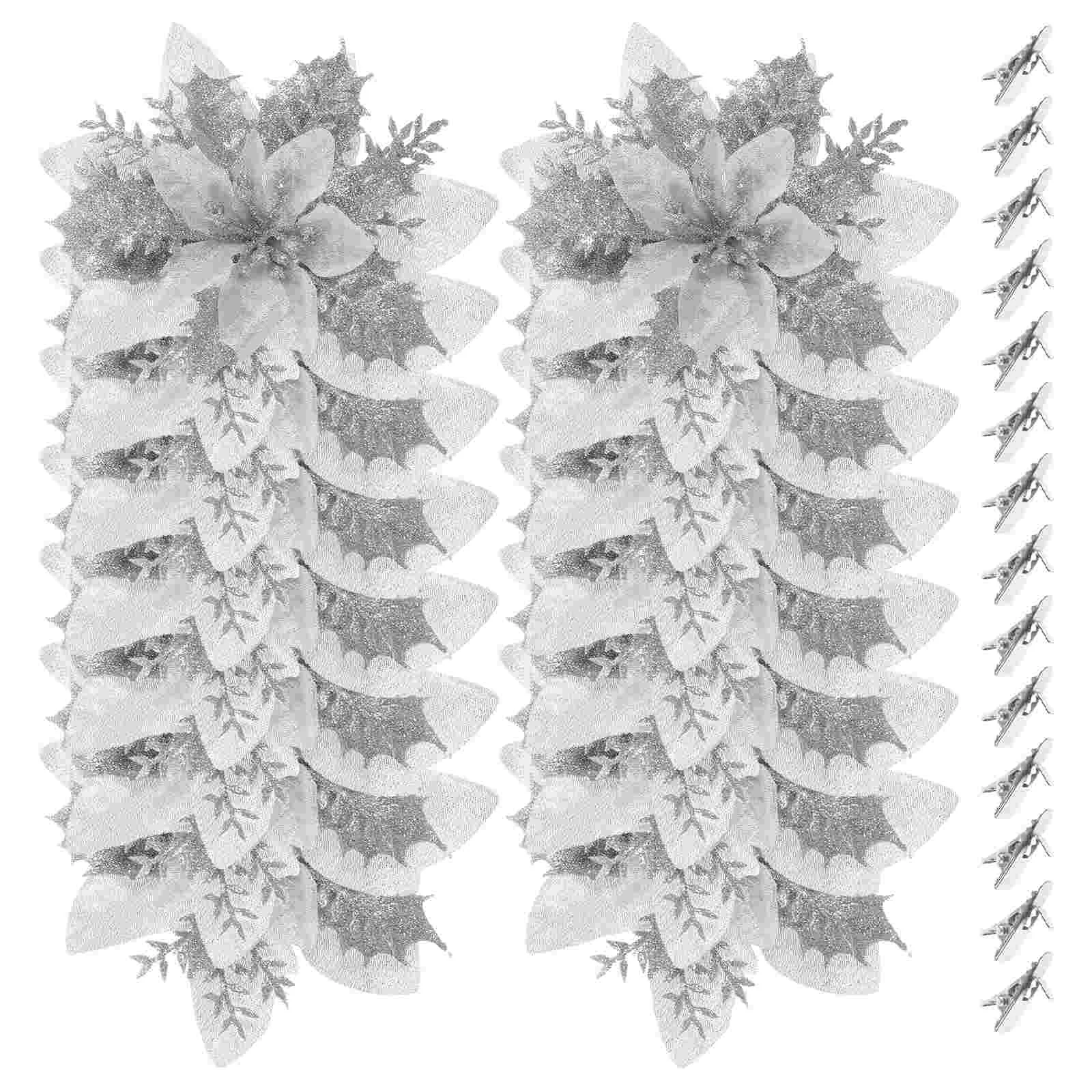 

16 Pcs Artificial Flower Glitter Poinsettia Flowers Christmas Decoration Wreath Decorative Iron