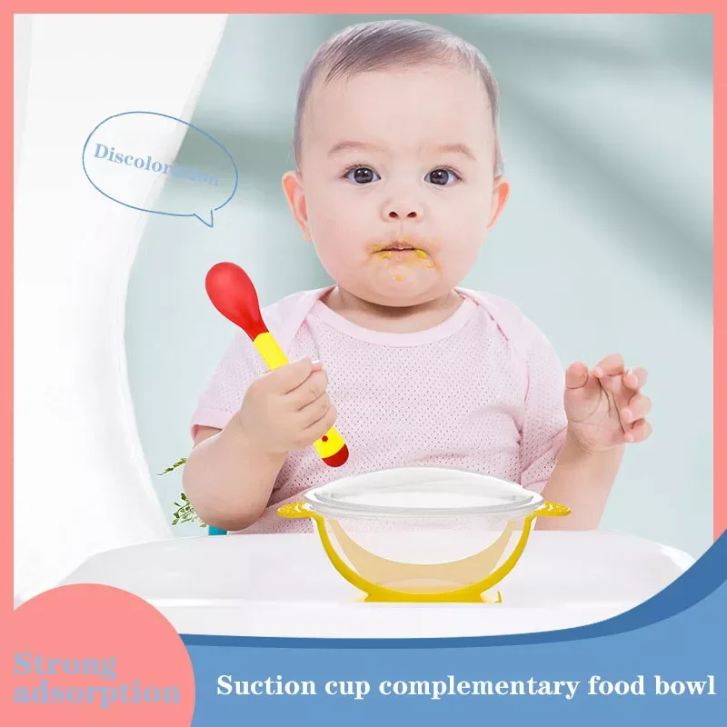 

Children's Tableware Baby Feeding Bowl Spoon Dishes Baby Sucker Bowl Tableware Designed For Babies Temperature Sensing Spoon