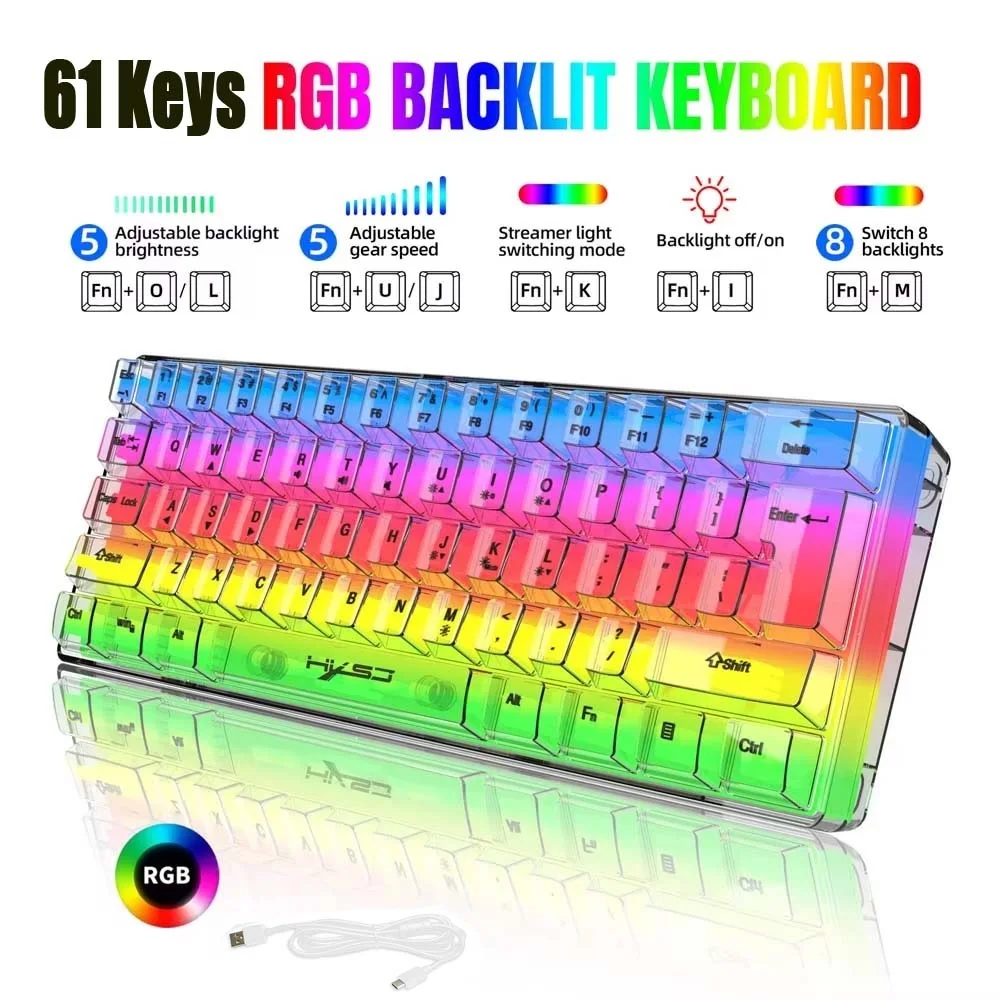 Transparent Gaming Keyboard Mechanical Sense 61 Floating Key Caps RGB Rainbow Lighting USB Wired Ergonomic Office Game