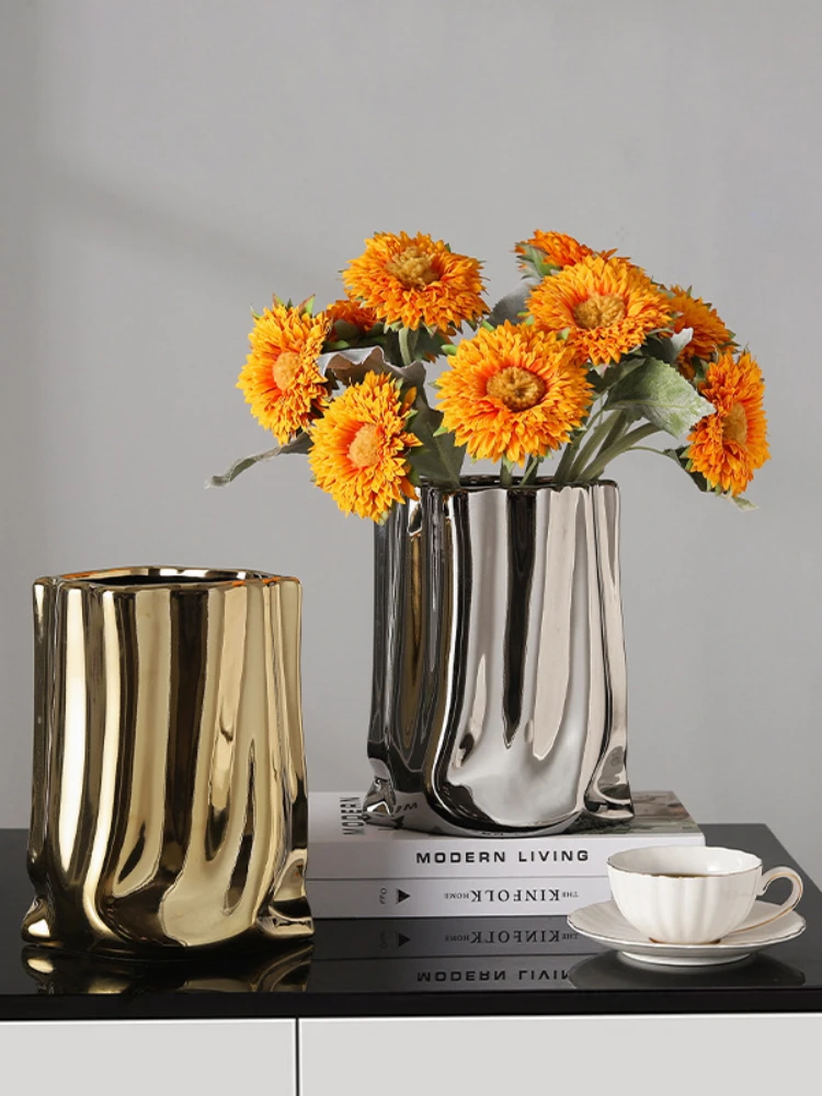 

European light luxury ceramic fold plating Gold vase tabletop decoration Home decoration modern decorative vase