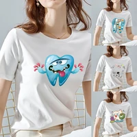 cute teeth pattern t shirt women harajuku style top o neck tshirt white streetwear classic all match short sleeve t shirt 2022