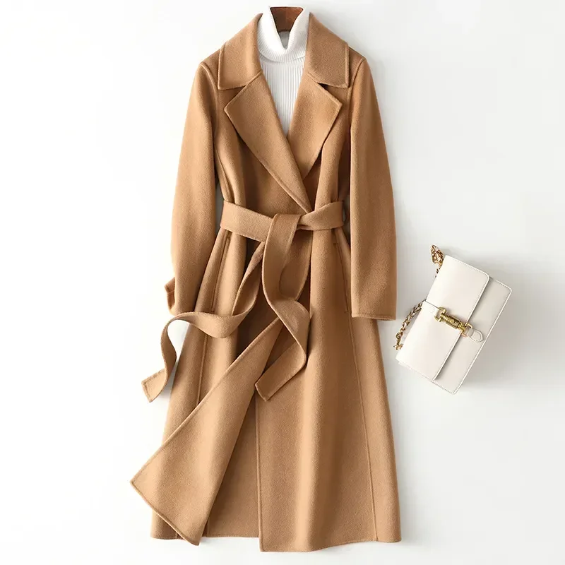 

Осень 2022, 100% шерстяные пальто с поясом, модное элегантное шерстяное кашемировое пальто с открытым стежком, женские топы, Женское пальто