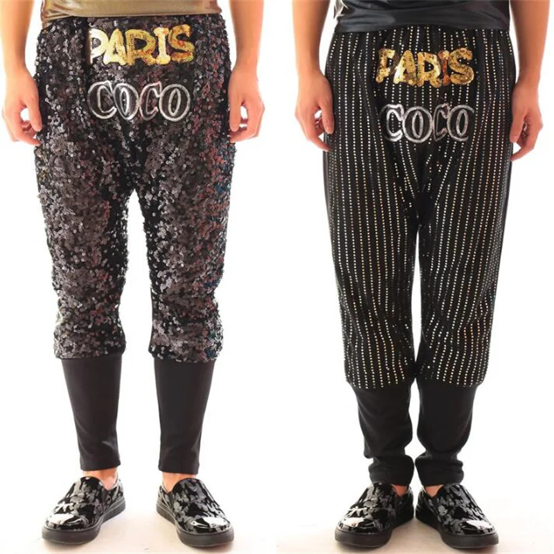 Stage personality men pants hanging crotch pant men feet trousers  hip-hop gold paillette harem singer dance rock fashion