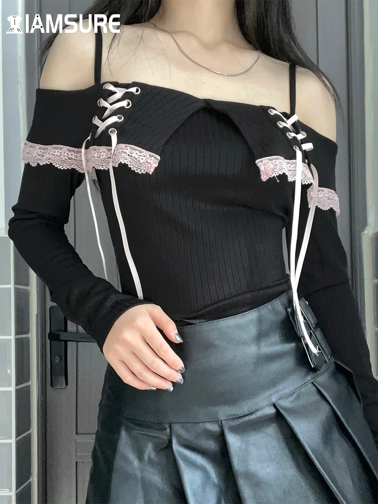 

IAMSURE Sweet Bandage Lace Trim T Shirt Casual Slim Slash Neck Long Sleeve Tees Women 2023 Autumn Spring Fashion Streetwear Lady
