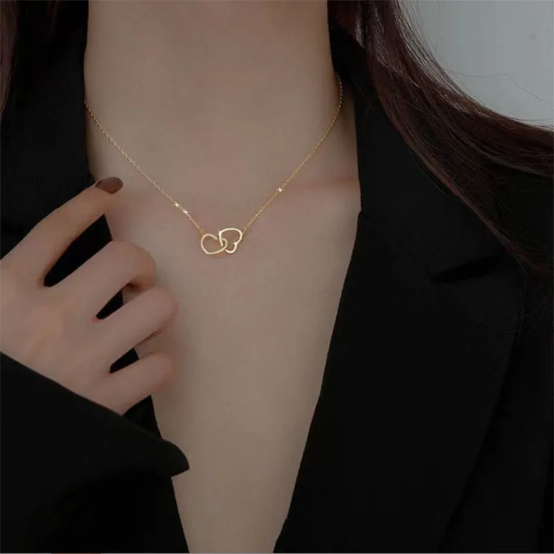 

1pc Fashion Hollow Double Heart Necklace for Women Gold Alloy Link Chian Wedding Jewelry Bijoux Femme Collier Choker