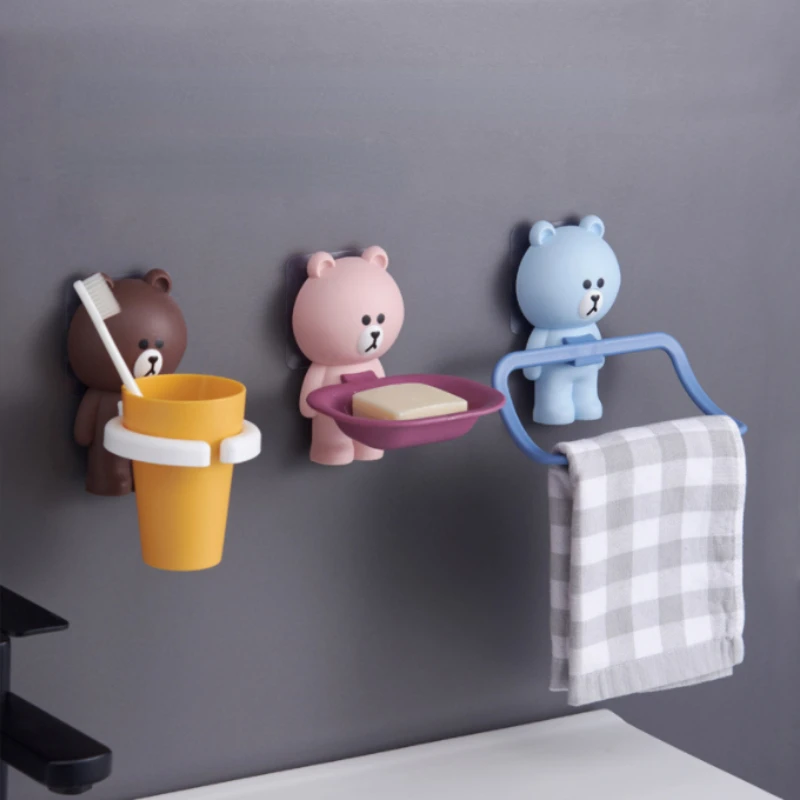 Cartoon Animal Toothbrush Holder Punch-Free Bathroom Wall-Mounted Mouthwash Cup Comb Toothpaste Tube Suspension Storage Rack