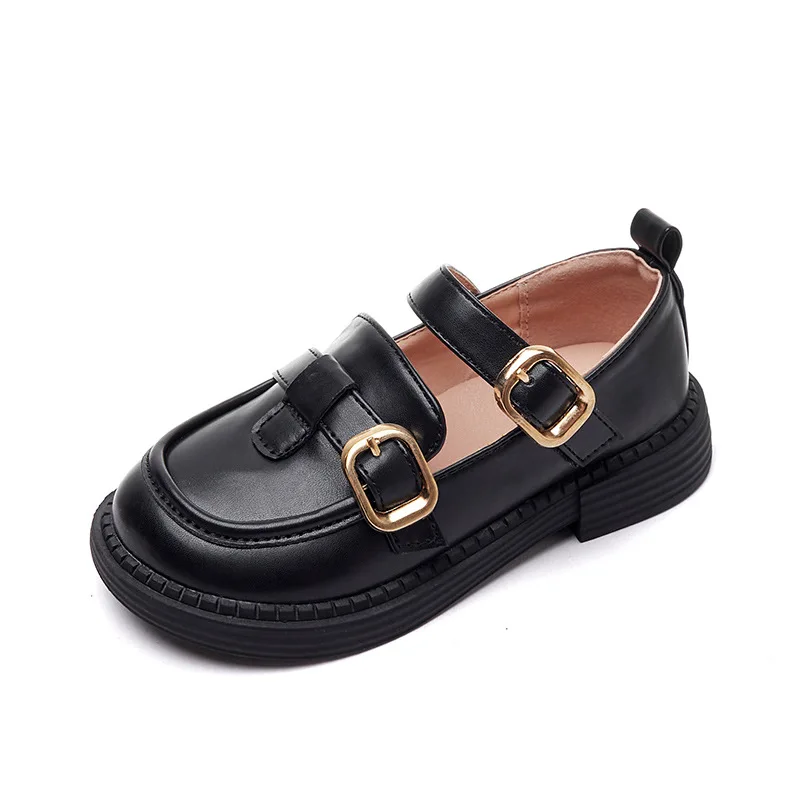 

Детские кожаные туфли с металлическими кнопками, черные темпераментные Модные Простые универсальные детские туфли с круглым носком в Коре...