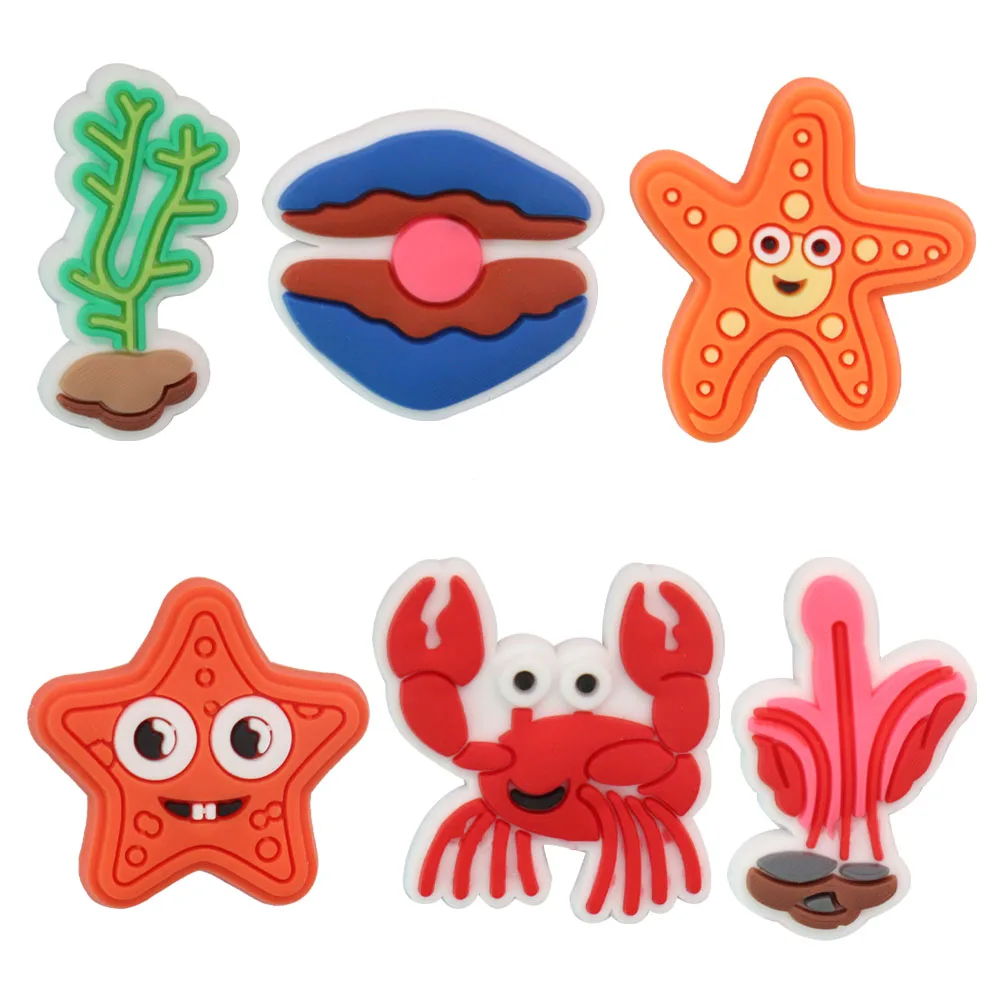 

Mix 50PCS PVC Buckle Clog Sea Animal Coral Starfish Seaweed Shell Crab Croc Jibz Fit Wristbands Garden Shoes Button Decoration