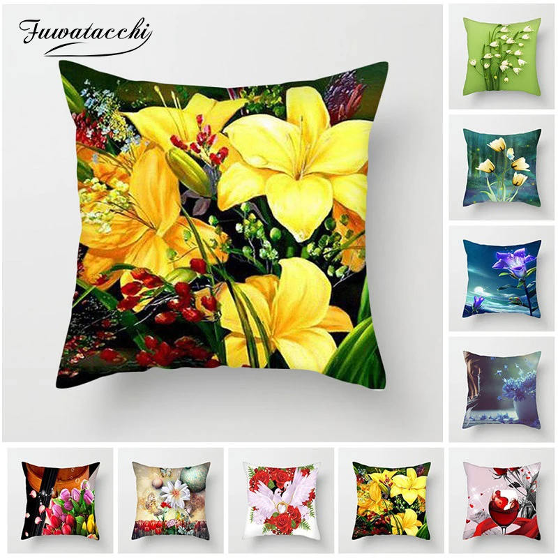 

Fuwatacchi Sunflower Cushion Cover Lotus Lily Rose Pillow Cover for Home Chair Decorative Pillows Flowers Cushion Cover 45*45cm