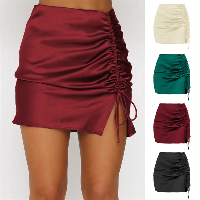 

Summer Satin Wrapped Bottoms Club Streetwear Women Solid Side Drawstring Ruched Micor Skirts Sexy High Waist Split Mini Skirt
