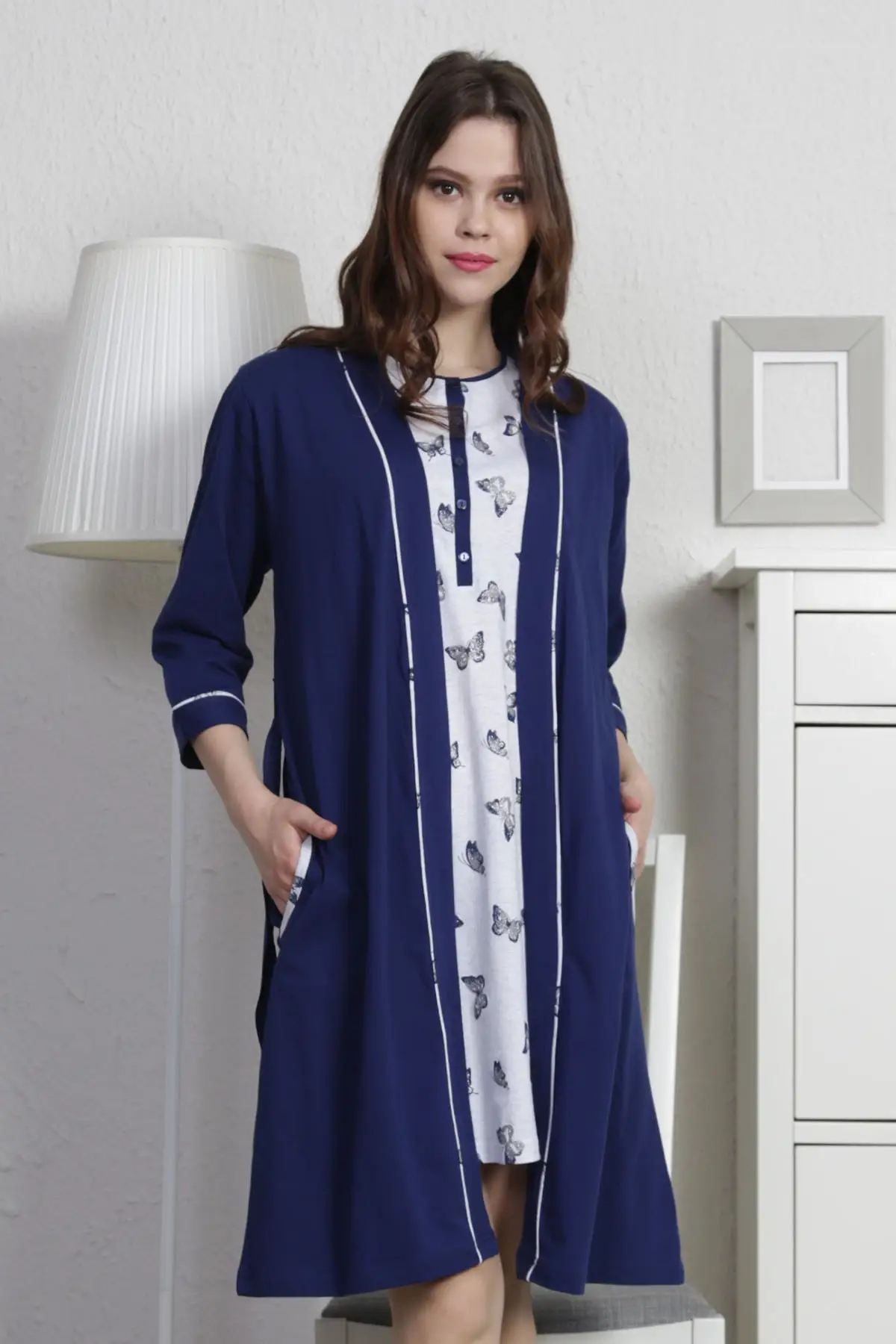 

Dressing Gown Indigo 3/4 Sleeve Normal Size Supreme Set Bathrobe Peignoir Kimono Bride Sleepwear Night Gown