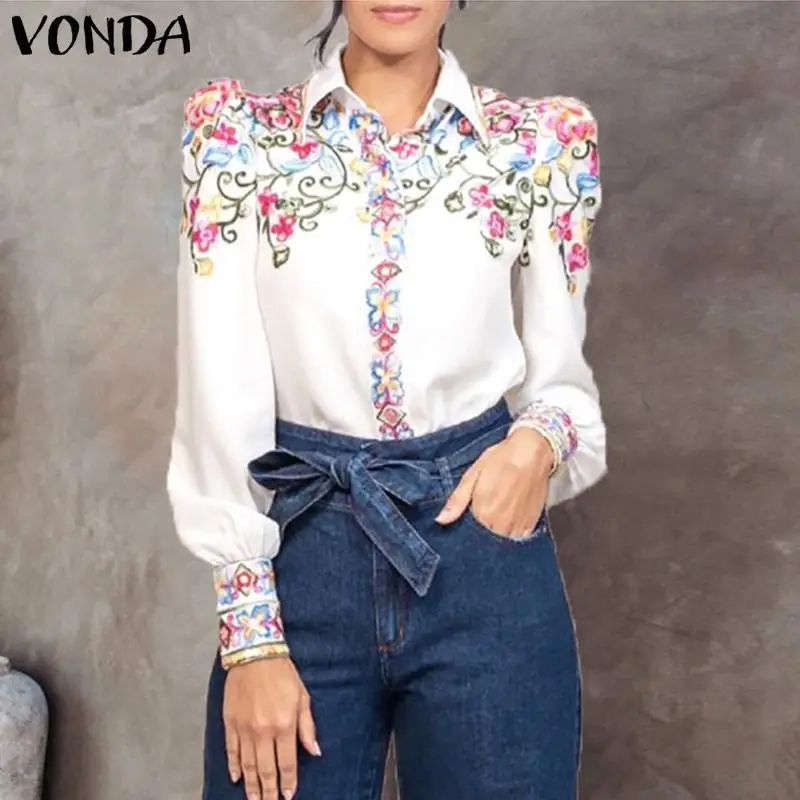 

VONDA винтажные женские плиссированные блузки с принтом, Модные женские повседневные уличные Блузы с отложным воротником и пышными рукавами, ...