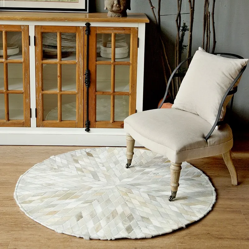 

Luxury Cowhide Seamed Round Rug Pure White Natrual Cowskin Chequer Carpet for Living Room Bedroom Decoration American Style