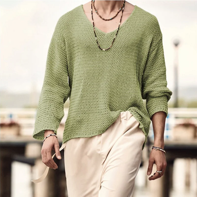 Autumn Men Long Sleeve T Shirt Vintage Solid Knitting Tops Mens Casual Loose V Neck Tee Fashion Male Knitted Clothing Streetwear |